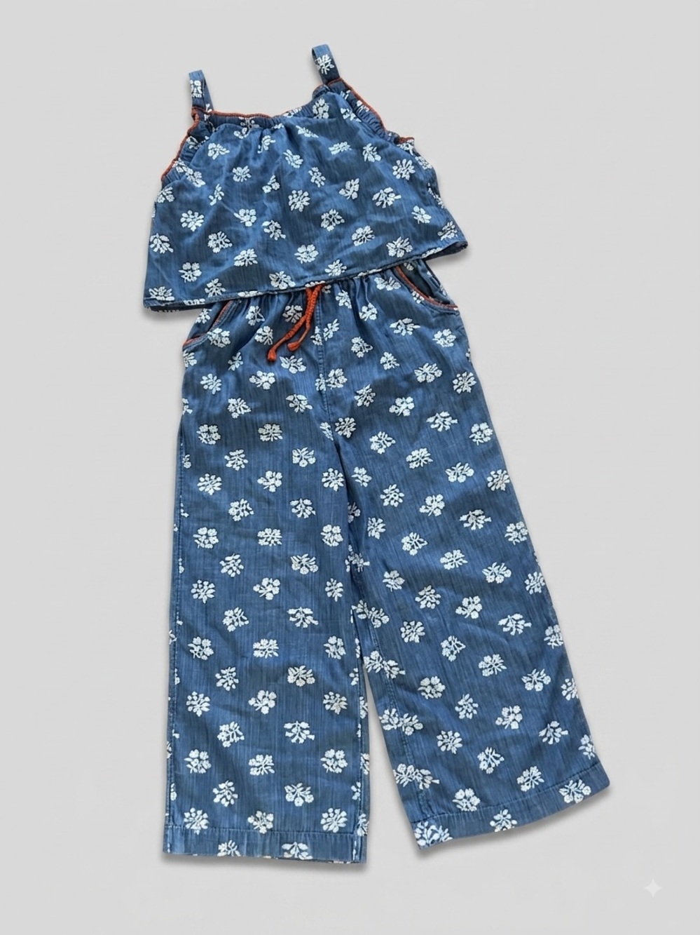Boden Girls Chambray Floral Jumpsuit Orange Trim Size 11-12Y